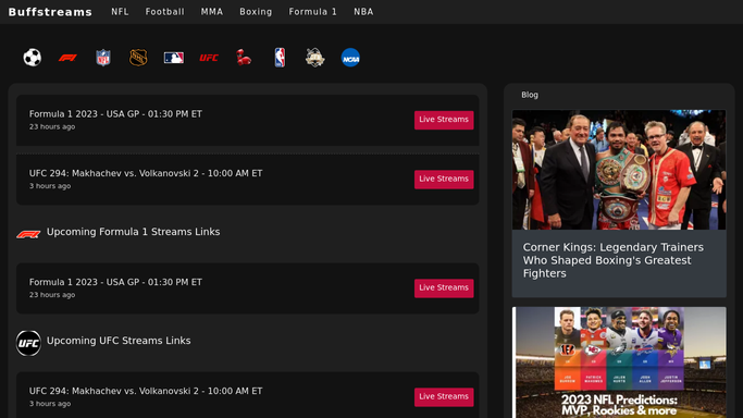 BuffStreams HD live sports streaming website